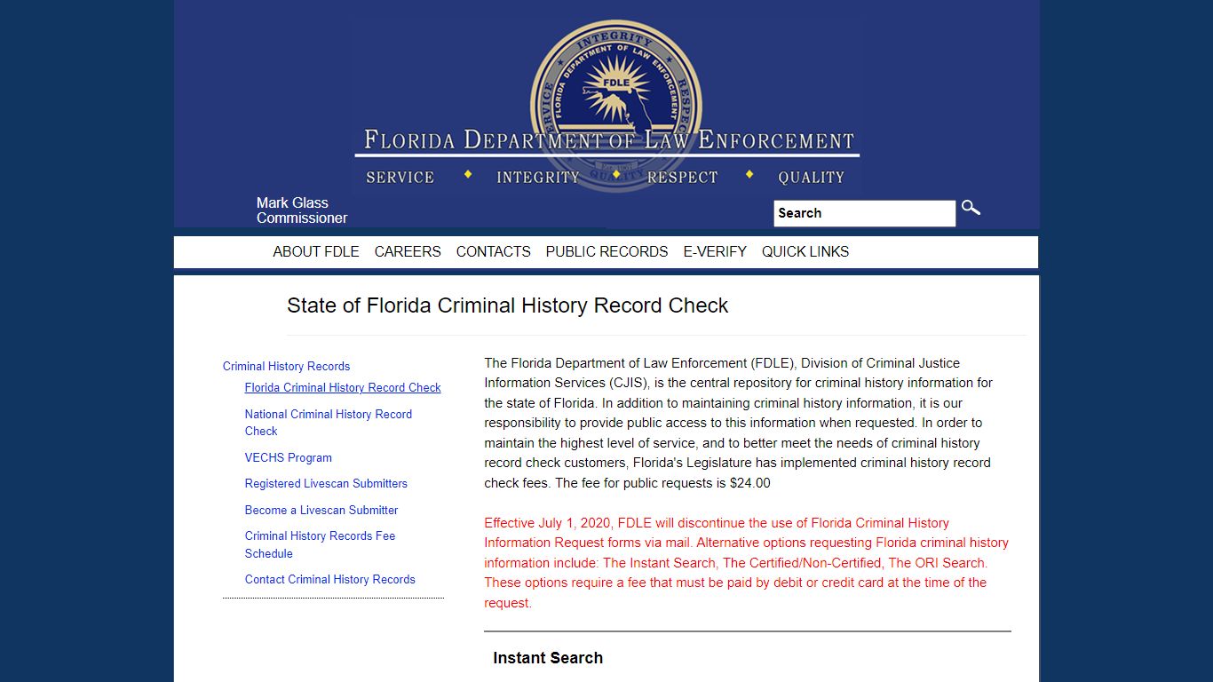 State of Florida Criminal History Record Check